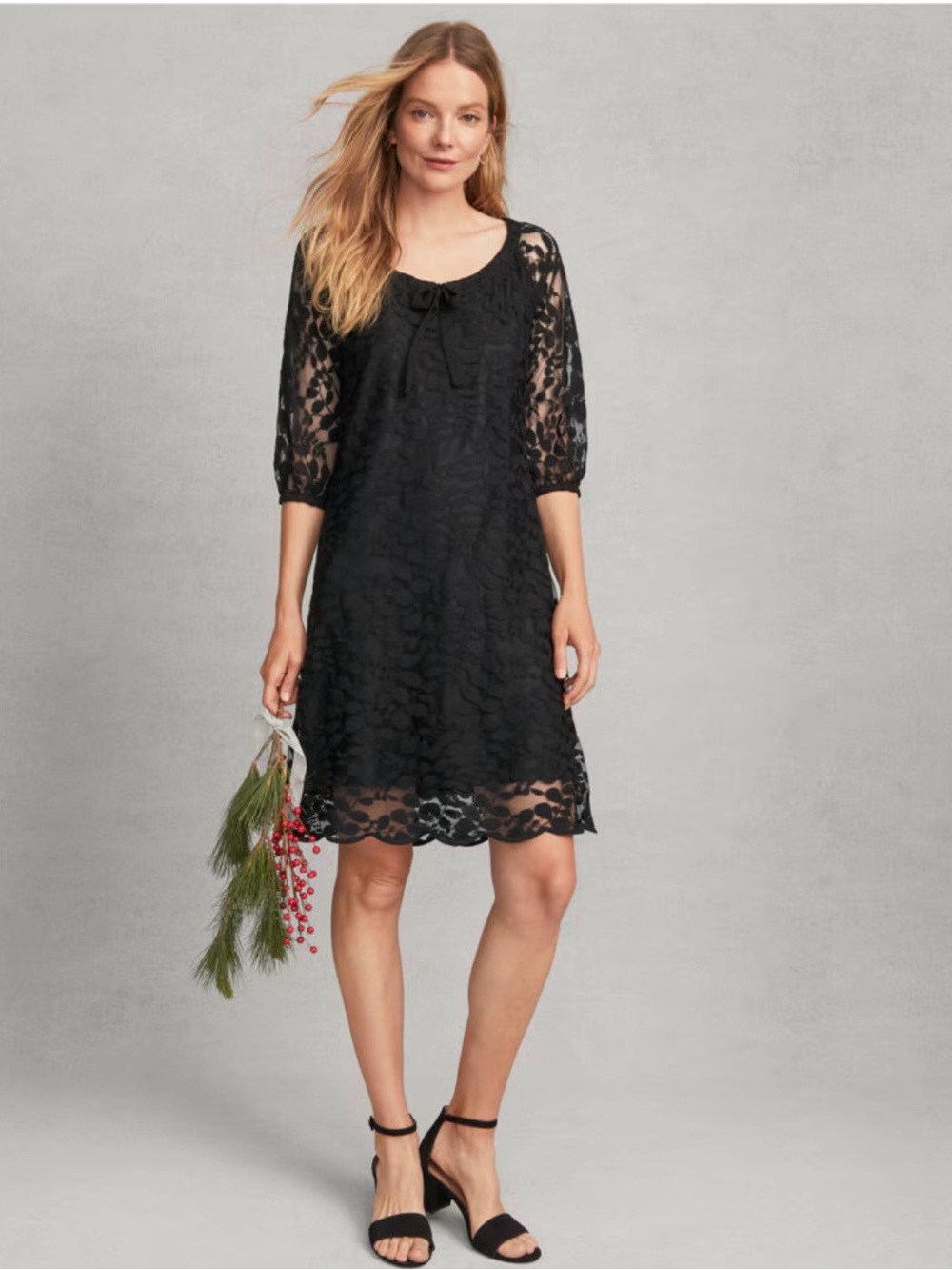Garnet Hill Boheme Easy Lace Dress Black 3/4 Sleeve Size 12